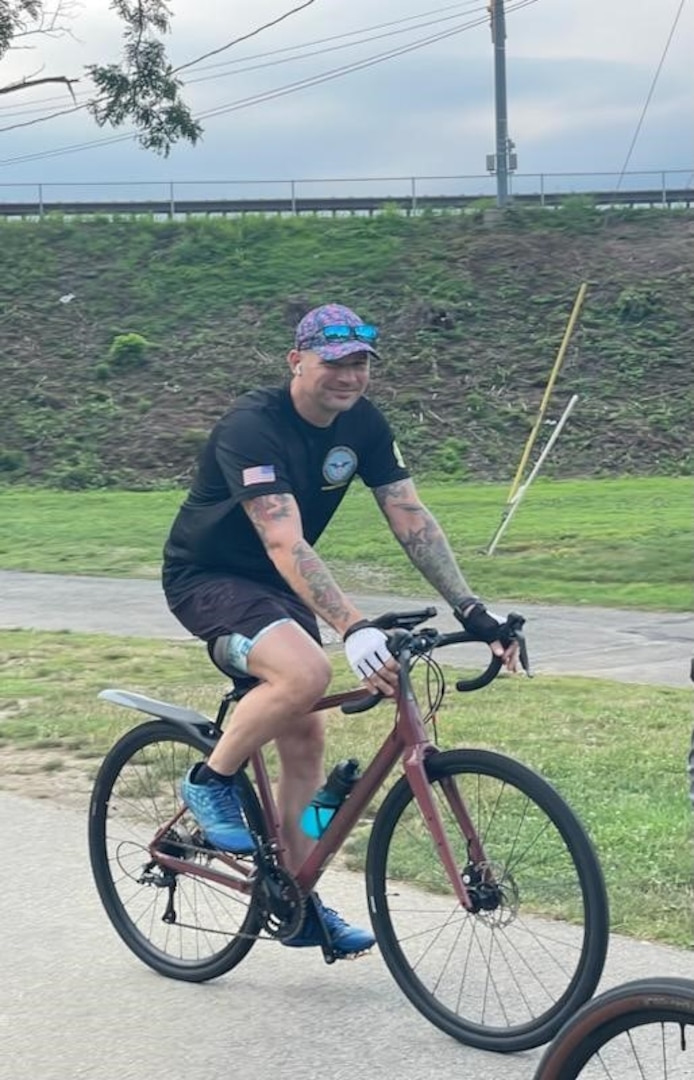 Army Capt. Nate Wilson, Pittsburgh MEPS operations officer rides in a charity bike ride to support veterans. Pittsburgh MEPS personnel participated in the annual 60 Miles for Veterans charity bike ride in Connellsville, Pa. raising more than $2,300 for local veterans.