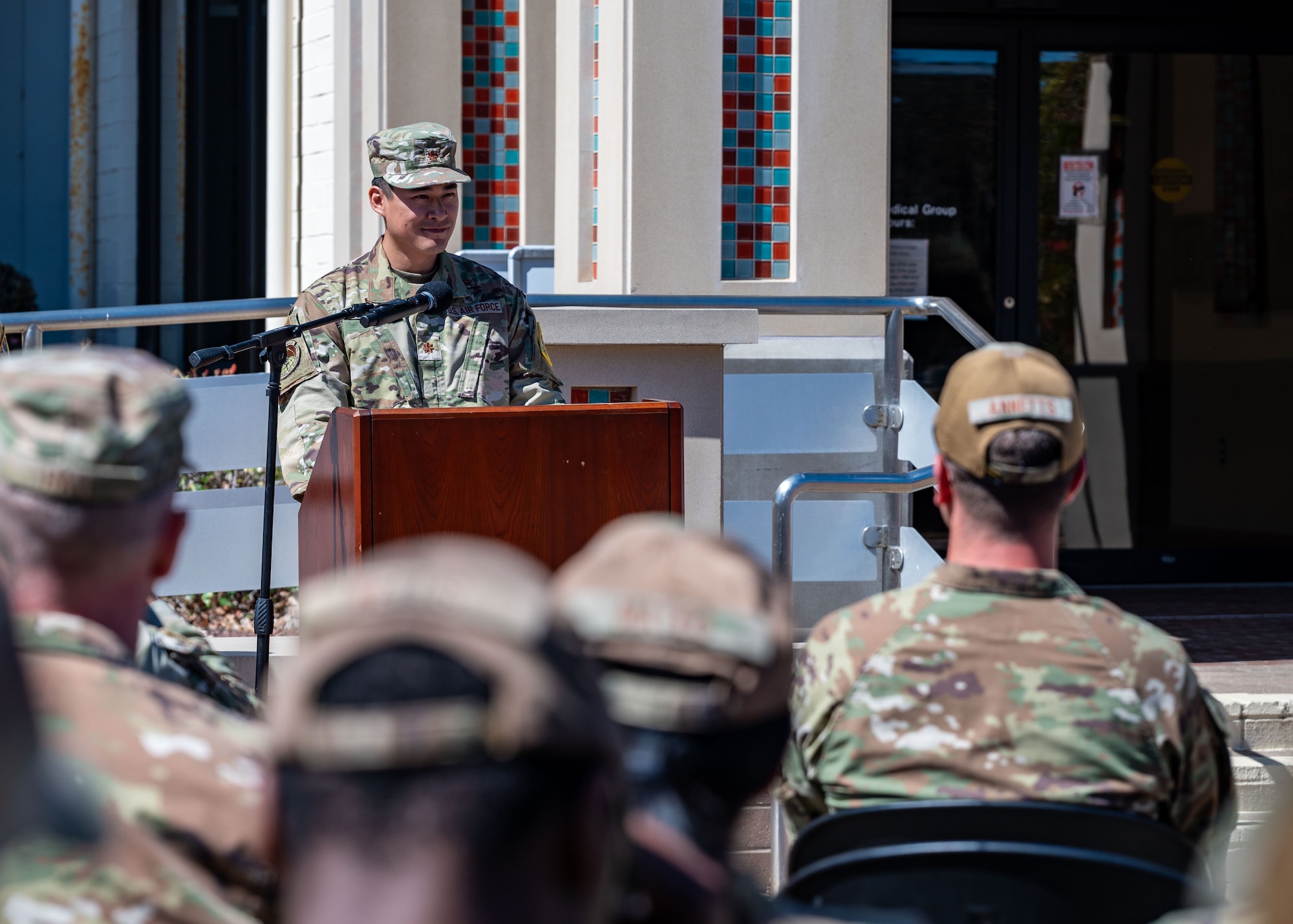U.S. Air Force Major Michael Estacion, 30th Operational Medical Readiness Squadron commander, addresses attendees of the 30 OMRS change of command ceremony at Vandenberg Space Force Base, Calif., July 8, 2025. Estacion will be succeeding U.S. Air Force Lt. Col. Marcus Boone, who held command of the 30 OMRS since June 2023.