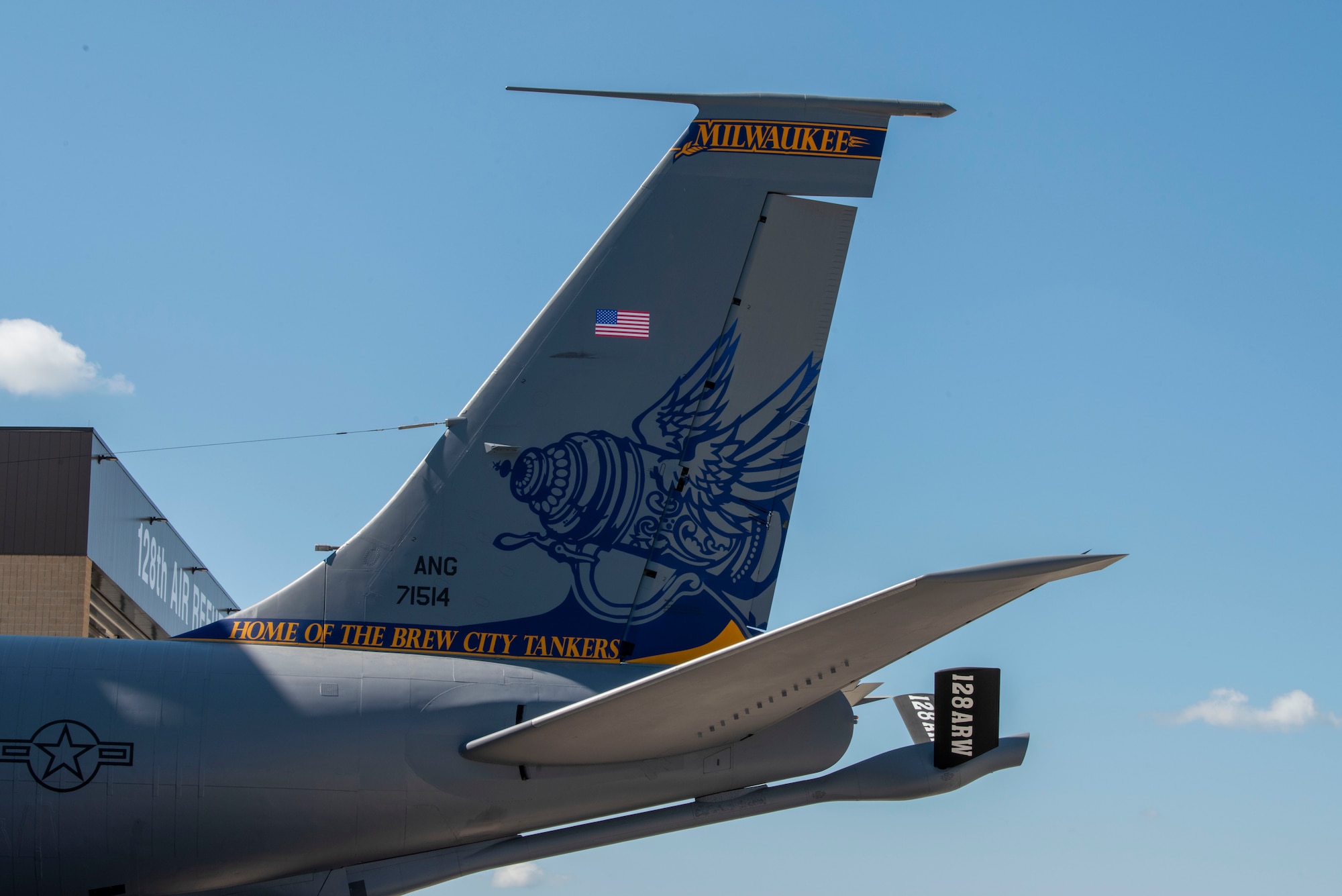 128th Air Refueling Wing Command Jet’s newest tail design features a stein to represent the unit’s nickname, “Brewcity Tankers,” General Mitchell Air National Guard Base, Milwaukee, WI, July 1, 2025. The design honors Milwaukee’s brewing heritage and reflects the pride and identity of the Airmen who serve at the unit. (U.S. Air National Guard photo by Airman 1st Class Cynthia Yang, 128th Air Refueling Wing Public Affairs Specialist)
