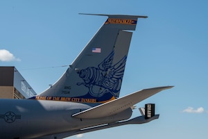 128th Air Refueling Wing Command Jet’s newest tail design features a stein to represent the unit’s nickname, “Brewcity Tankers,” General Mitchell Air National Guard Base, Milwaukee, WI, July 1, 2025. The design honors Milwaukee’s brewing heritage and reflects the pride and identity of the Airmen who serve at the unit. (U.S. Air National Guard photo by Airman 1st Class Cynthia Yang, 128th Air Refueling Wing Public Affairs Specialist)