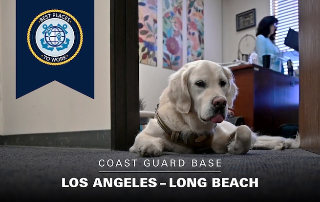 Coast Guard Base Los Angeles-Long Beach (LA-LB) is the first Coast Guard base to have an official facility dog. Pictured is Winston one of the reasons why members believe Coast Guard Base Los Angeles-Long Beach is the best and greatest place to work!