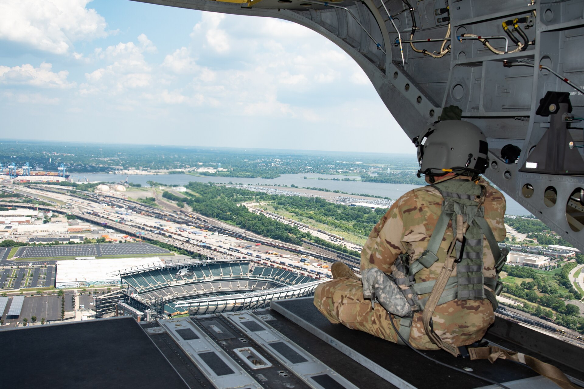 111th Attack Wing members and their employers fly with the 28th Expeditionary Combat Aviation Brigade over the Philadelphia Eagles Lincoln Financial Field during the ESGR Bosslift event held at Biddle Air National Guard Base in Horsham, Pa., June 25, 2025. The Employer Support of the Guard and Reserve (ESGR) Bosslift gave civilian employers a firsthand look at their employees’ military duties and the capabilities of the 111th Attack Wing and the Pennsylvania National Guard. (U.S. Air National Guard photo by Tech. Sgt. Timi Jones)