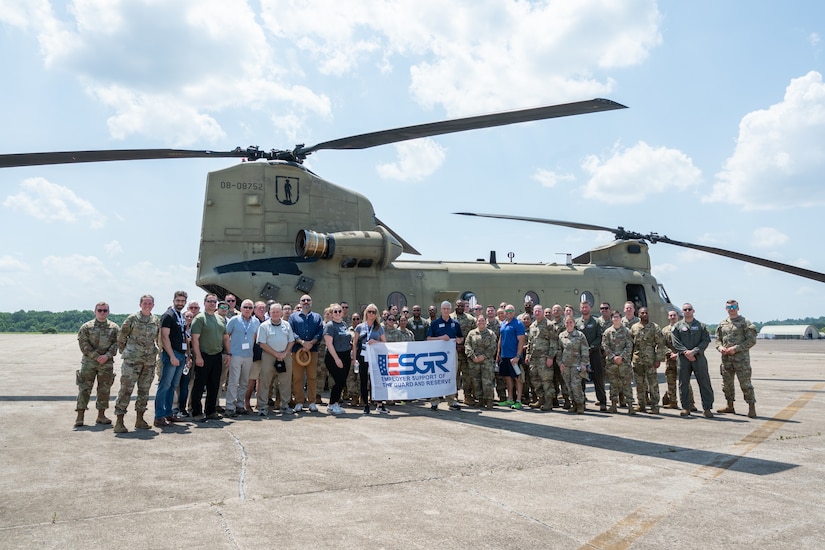 111th Attack Wing members and their employers pose for a group photo during the ESGR Bosslift event at Biddle Air National Guard Base in Horsham, Pa., June 25, 2025. The Employer Support of the Guard and Reserve (ESGR) Bosslift gave civilian employers a firsthand look at their employees’ military duties and the capabilities of the 111th Attack Wing and the Pennsylvania Air National Guard. (U.S. Air National Guard photo by Airman 1st Class Matthew Bergh)