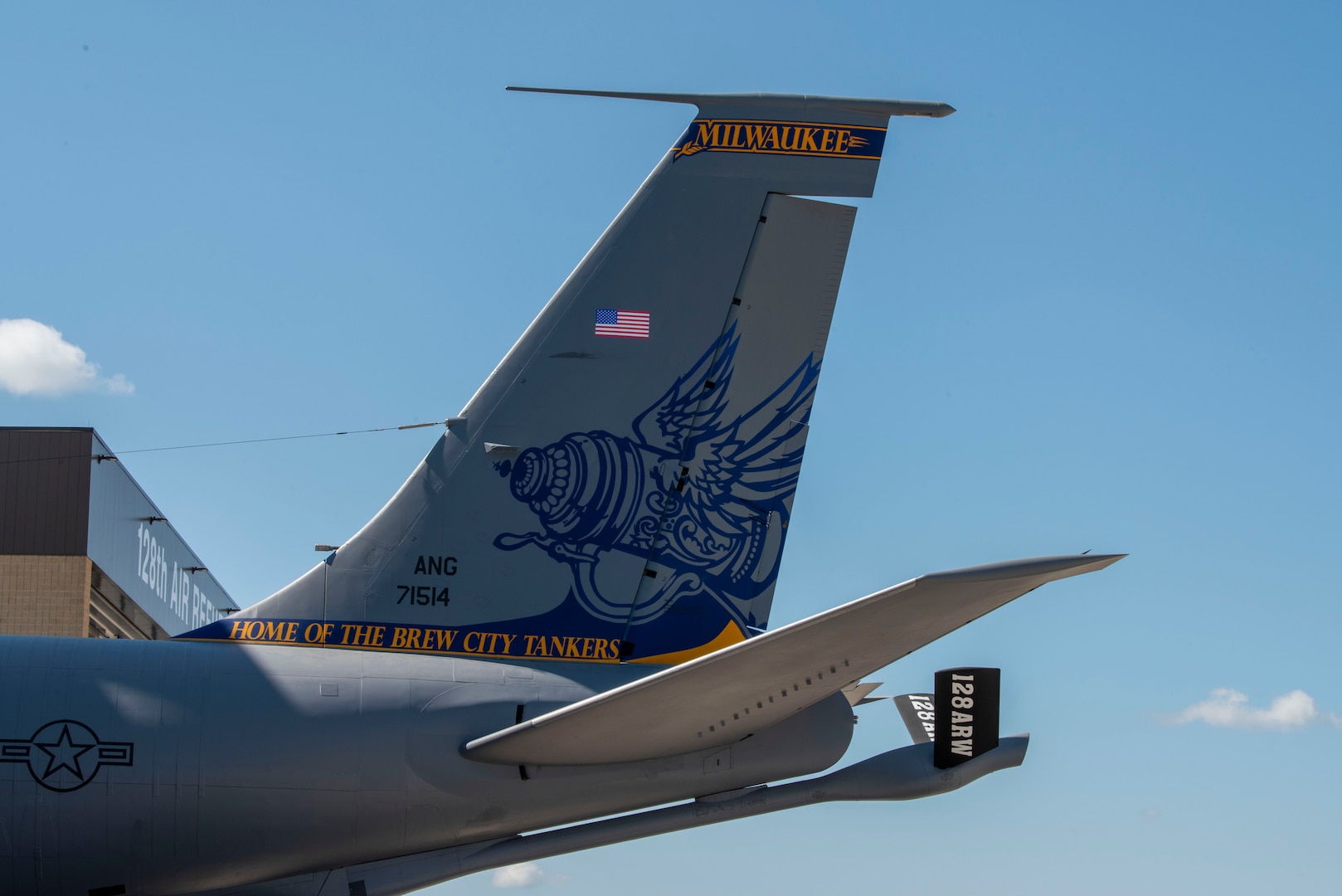 128th Air Refueling Wing Command Jet’s newest tail design features a stein to represent the unit’s nickname, “Brewcity Tankers,” General Mitchell Air National Guard Base, Milwaukee, WI, July 1, 2025. The design honors Milwaukee’s brewing heritage and reflects the pride and identity of the Airmen who serve at the unit. (U.S. Air National Guard photo by Airman 1st Class Cynthia Yang, 128th Air Refueling Wing Public Affairs Specialist)