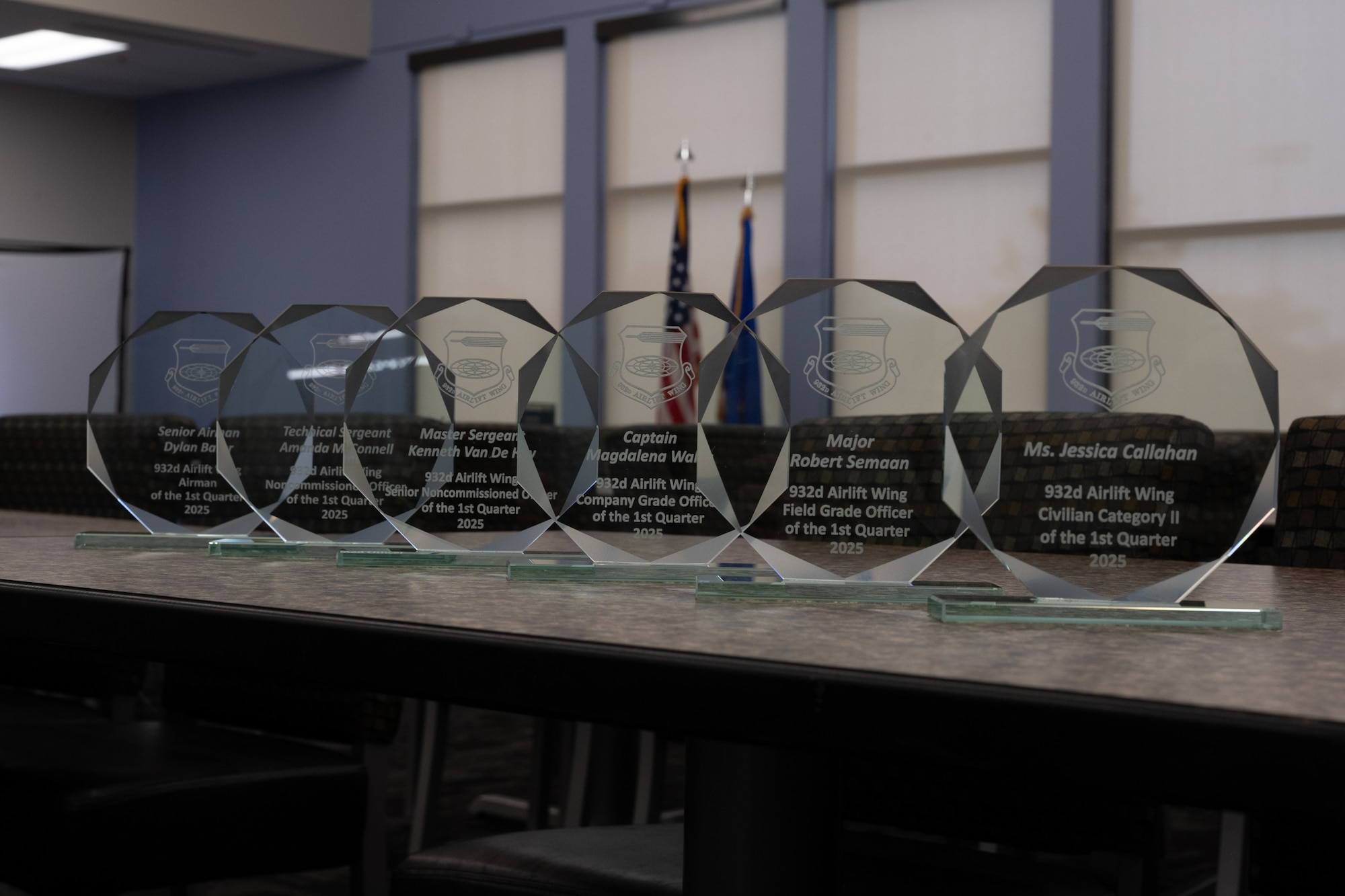 1st Quarter awards were presented by Col. Jeffrey Smith, and Chief Master Sgt. Andrea Young at Scott Air Force Base, Illinois, June 7, 2025. The winners were selected based on their technical expertise, demonstration of leadership and job performance during the period of January 2025 to March 2025.