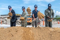 The official party for the NSWC Panama City Division Subsea & Seabed Warfare Facility Groundbreaking Ceremony held July 9. (from left) Congressman Neal Dunn, Florida's 2nd Congressional District, Capt. Paul Stence, Jr., NSWC PCD commanding officer, Dr. Peter Adair, NSWC PCD technical director, and Commander Michael Mosi, Naval Support Activity Panama City commanding officer. (U.S. Navy photo by Eddie Green)