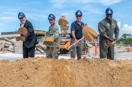 The official party for the NSWC Panama City Division Subsea & Seabed Warfare Facility Groundbreaking Ceremony held July 9. (from left) Congressman Neal Dunn, Florida's 2nd Congressional District, Capt. Paul Stence, Jr., NSWC PCD commanding officer, Dr. Peter Adair, NSWC PCD technical director, and Commander Michael Mosi, Naval Support Activity Panama City commanding officer. (U.S. Navy photo by Eddie Green)