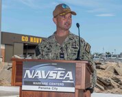 Naval Surface Warfare Center Panama City Division Commanding Officer Capt. Paul Stence, Jr., addresses the crowd at the NSWC PCD Subsea & Seabed Warfare Facility, July 9. He praised the hard work and dedication of countless individuals who are supporting the warfighters both now and, in the future, through this project. (U.S. Navy photo by Eddie Green)