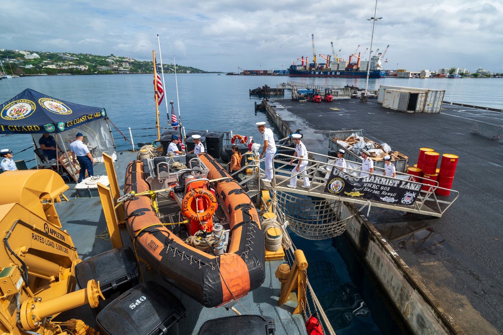 Officers of the French Navy board U.S. Coast Guard Cutter Harriet Lane (WMEC 903) while moored in Papeete, French Polynesia May 27, 2025. Harriet Lane is deployed for Operation Blue Pacific strengthening international partnerships. (U.S. Coast Guard photo by Petty Officer 3rd Class Austin Wiley)