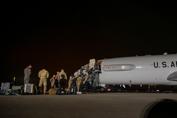 U.S. Air Force Airmen disembark and unload from an E-3 Sentry ahead of their support to exercise Resolute Force Pacific (REFORPAC) 2025 at Misawa Air Base, Japan, July 9th, 2025.