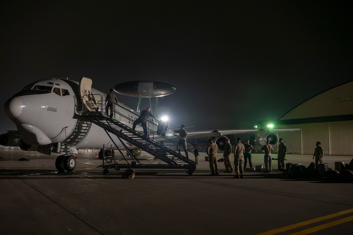 U.S. Air Force Airmen disembark and unload from an E-3 Sentry ahead of their support to exercise Resolute Force Pacific (REFORPAC) 2025 at Misawa Air Base, Japan, July 9th, 2025.