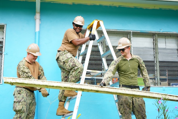 Sailors assigned to Amphibious Construction Battalion 1 conduct construction repairs at Waiqanake School during Pacific Partnership 2025 in Suva, Fiji, June 9, 2025.