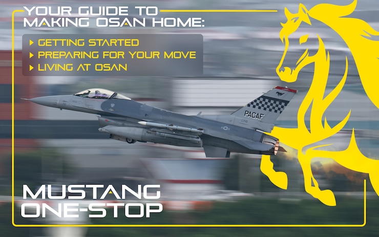 F-16 take-off. There's a yellow border going around the image with the text "Mustang One-Stop"