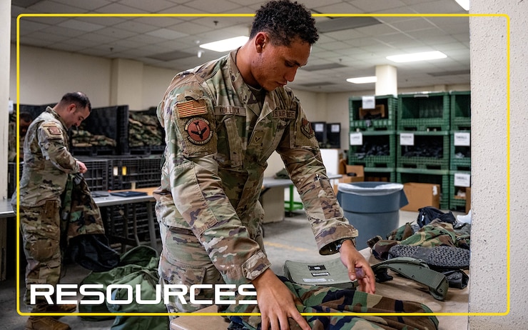 Airman issuing IPE gear. There's a yellow border going around the image with the text "Resources"