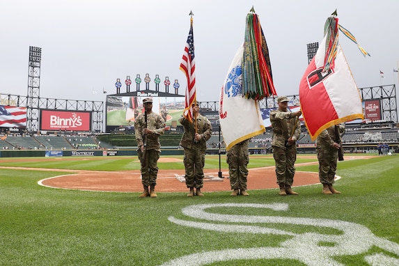 The First Army color guard team presents the nation’s colors during Major League Baseball’s Chicago White Sox’ military recognition at a home game, July 9, 2025.