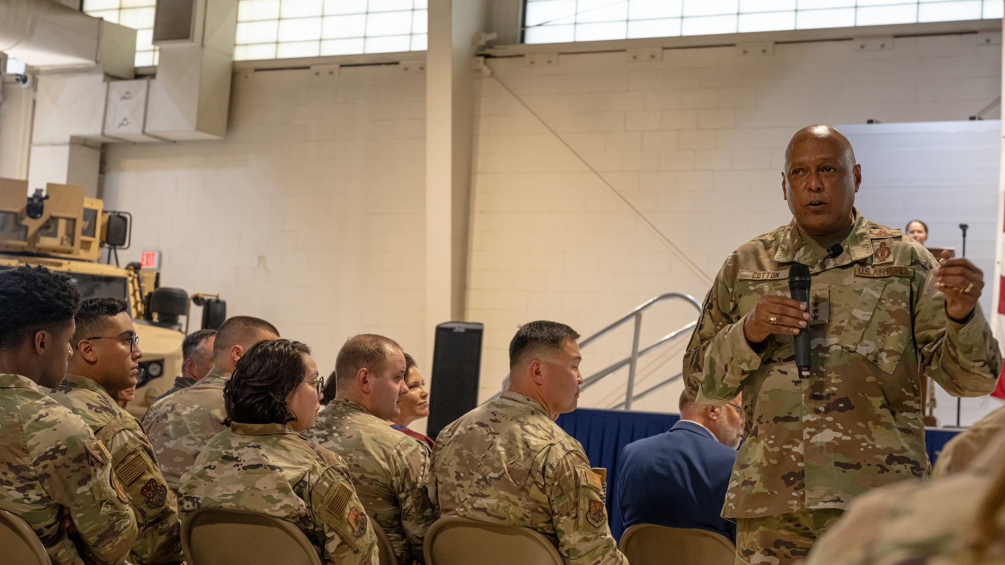 Gen. Anthony Cotton, U.S. Strategic Command commander, speaks to a crowd of Airmen assigned to the 91st Missile Wing during the Omaha Trophy ceremony at Minot Air Force Base, North Dakota, July 9, 2025. The Omaha Trophy was awarded to the 91MW due to their exemplary readiness, performance and dedication to safeguarding national security.