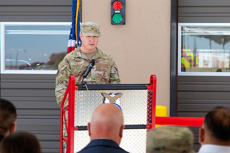 Col. Michael Power, commander, 377th Air Base Wing, highlights Fire Station #3’s importance and how it improves emergency response during the facility’s ribbon cutting ceremony at Kirtland Air Force Base, June 13, 2025.