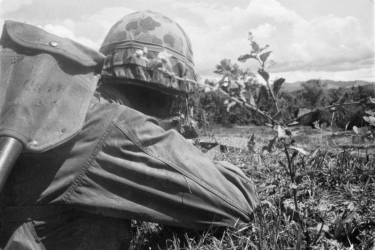 A man in a military uniform and a helmet lies in tall grass while aiming a gun toward the area in the background.
