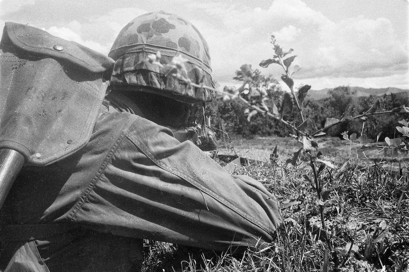 A man in a military uniform and a helmet lies in tall grass while aiming a gun toward the area in the background.