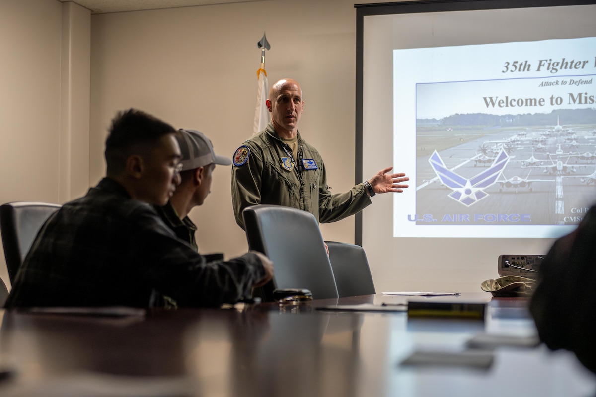 U.S. Air Force Col. Jeromy Guinther, 35th Operations Group commander, briefs incoming exercise Resolute Force Pacific (REFORPAC) 2025 temporary duty members
