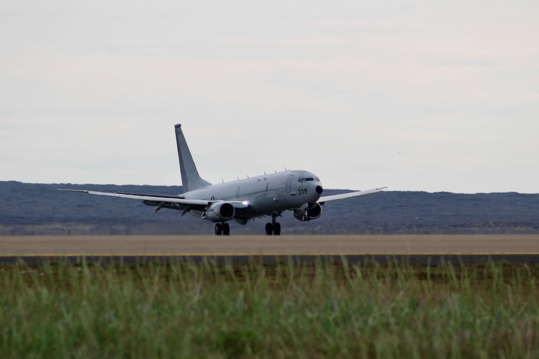 KEFLAVÍK, Iceland (June 28, 2025) – A P-8A Poseidon, attached to Patrol Squadron (VP) 46, lands at Keflavik Air Base, Iceland, June 28, 2025. VP-46 and VP-69 are on a joint deployment in the U.S. 6th Fleet area of operations to support warfighting effectiveness, lethality and readiness of U.S. Naval Forces Europe-Africa, and defend U.S., Allied and partner interests in the region. (U.S. Navy photo by Lt. Sara Wedemeyer)