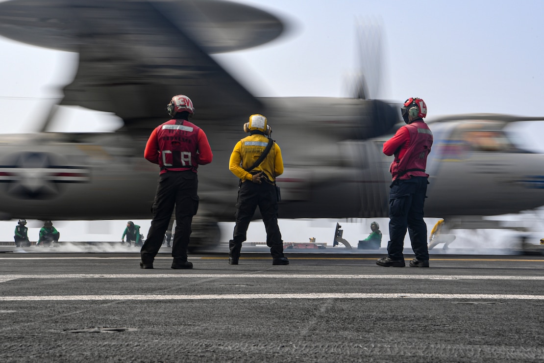 250630-N-FJ237-1284 U.S. CENTRAL COMMAND AREA OF RESPONSIBILITY (June 30, 2025) An E-2D Hawkeye, attached to Carrier Airborne Early Warning Squadron (VAW) 121, launches from the flight deck of the Nimitz-class aircraft carrier USS Nimitz (CVN 68) during flight operations in the U.S. Central Command area of responsibility. (Official U.S. Navy photo)