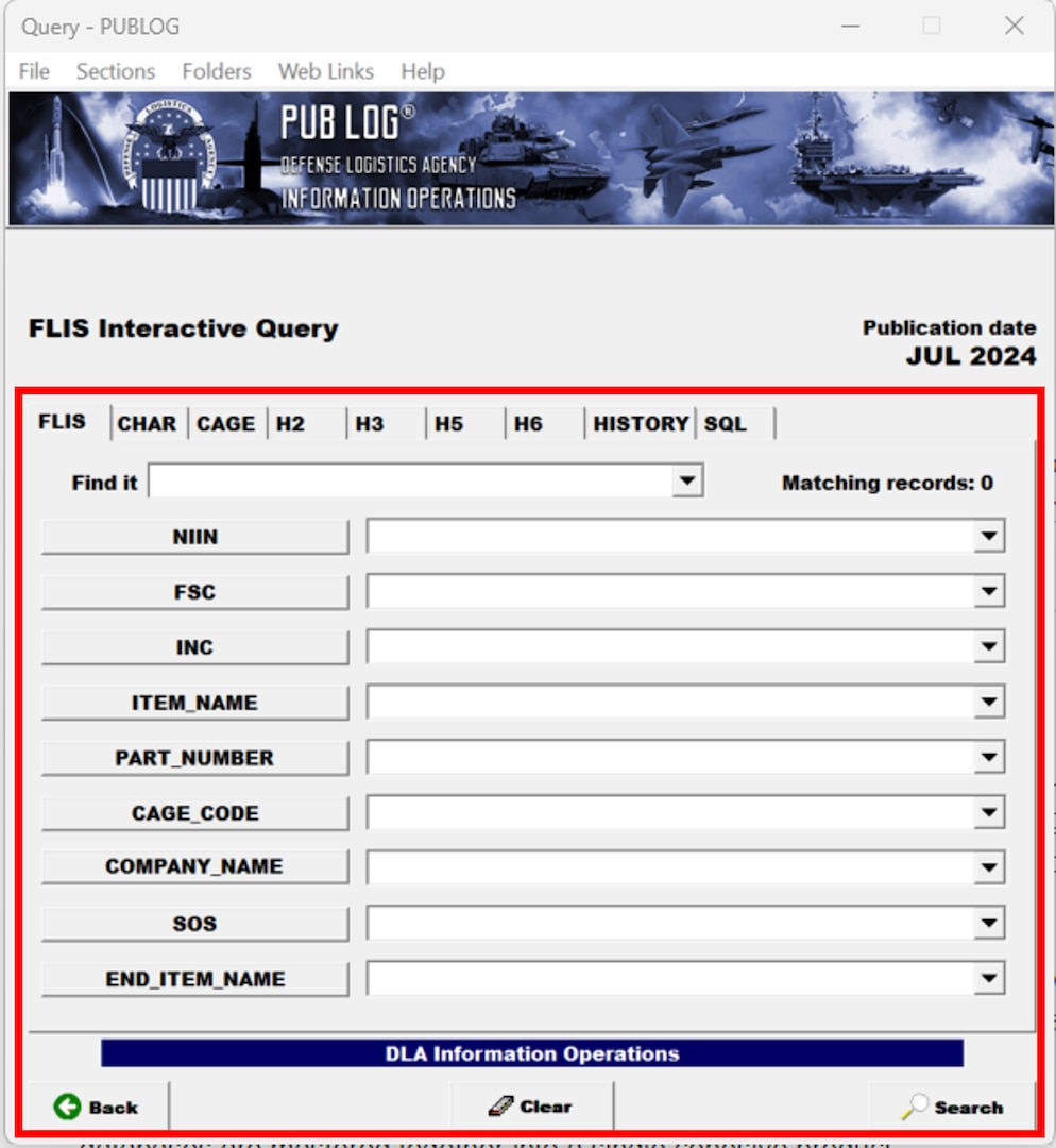 Overview of the primary PUB LOG Interactive Query screen with tabs to filter National Stock Number data
