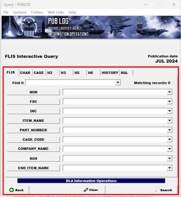 Overview of the primary PUB LOG Interactive Query screen with tabs to filter National Stock Number data