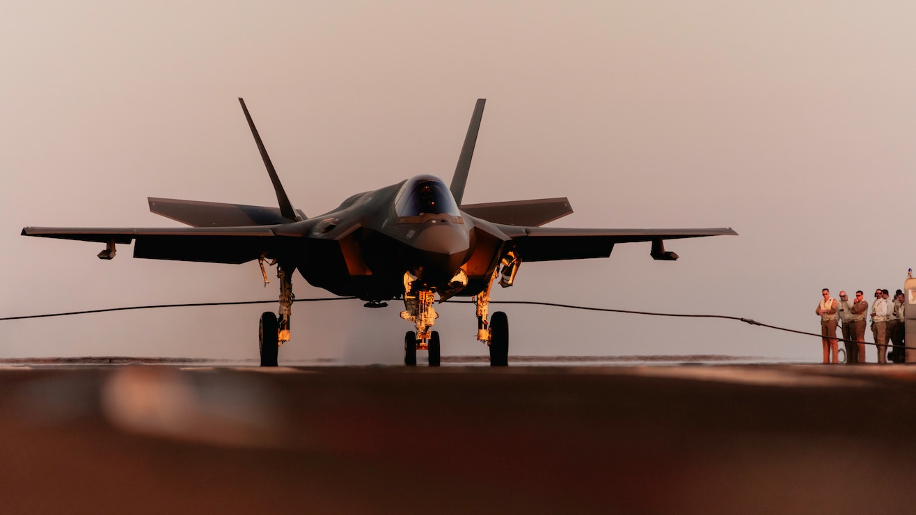 An F-35C Lightning II, attached to Strike Fighter Squadron (VFA) 147, on the flight deck of Nimitz-class aircraft carrier USS George Washington (CVN 73) while underway in the Philippine Sea, June 19, 2025. The USS George Washington Carrier Strike Group (GWA CSG) is on patrol in the U.S. 7th Fleet area of operations. George Washington is the U.S. Navy’s premier forward-deployed aircraft carrier, a long-standing symbol of the United States’ commitment to maintaining a free and open Indo-Pacific region, while operating alongside allies and partners across the U.S. Navy’s largest numbered fleet. (U.S. Navy photo by Mass Communication Specialist 2nd Class August Clawson)
