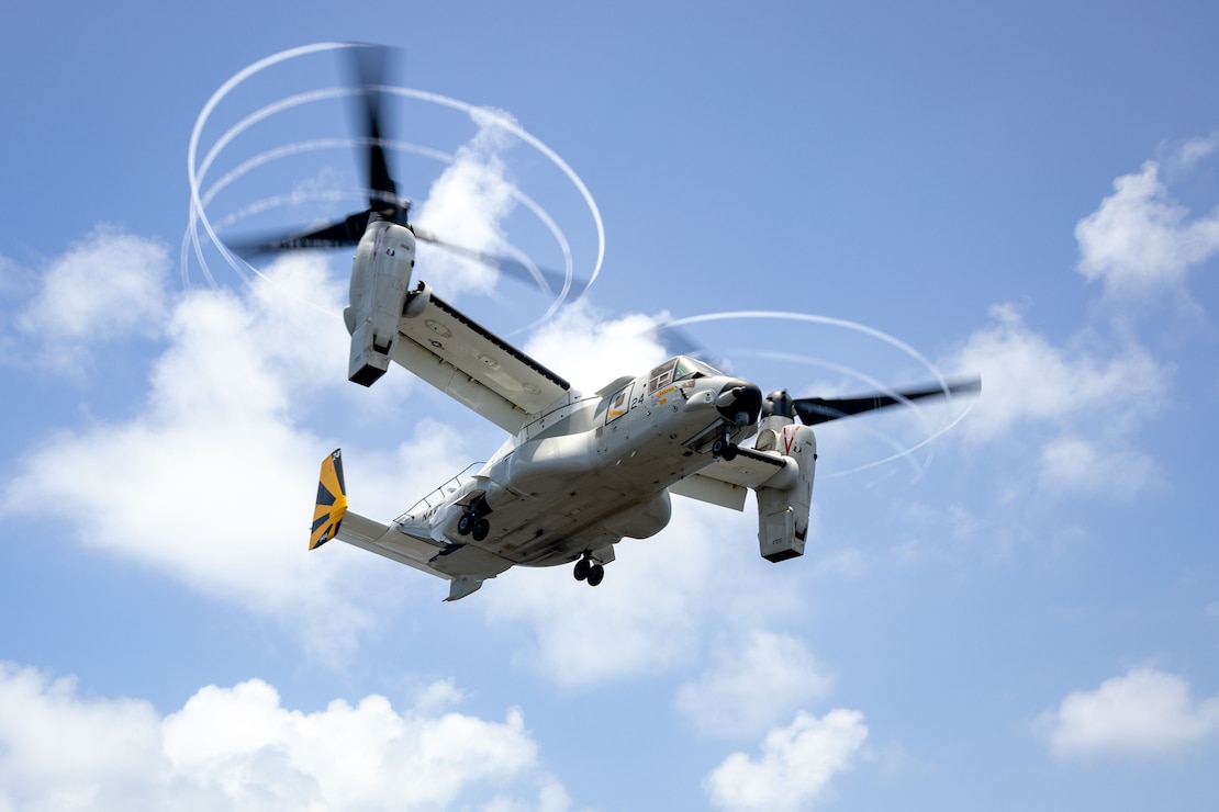 250611-N-TD381-1337 U.S. CENTRAL COMMAND AREA OF RESPONSIBILITY (June 11, 2025) A CMV-22B Osprey, attached to Fleet Logistics Multi-Mission Squadron (VRM) 30, takes off from the flight deck of the Nimitz-class aircraft carrier USS Carl Vinson (CVN 70) in the U.S. Central Command area of responsibility. (Official U.S. Navy photo)