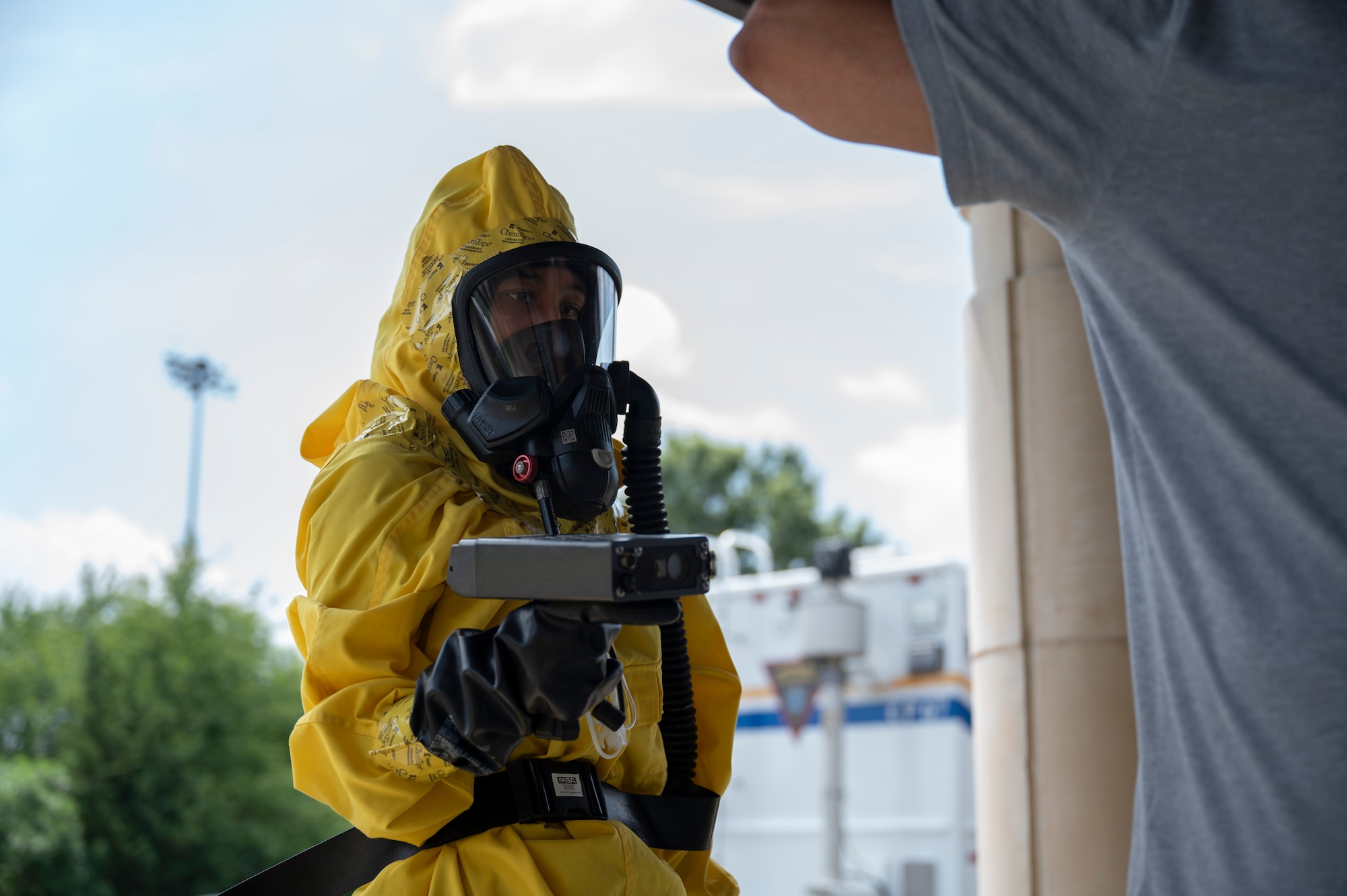 U.S. Air Force Senior Airman Jasia Waddell, 87th Civil Engineer Squadron emergency management apprentice, uses an ADM-300 Multi-Functional Survey Meter during exercise Jersey Dawn 25 at Joint Base McGuire-Dix-Lakehurst, N.J., June 30, 2025.