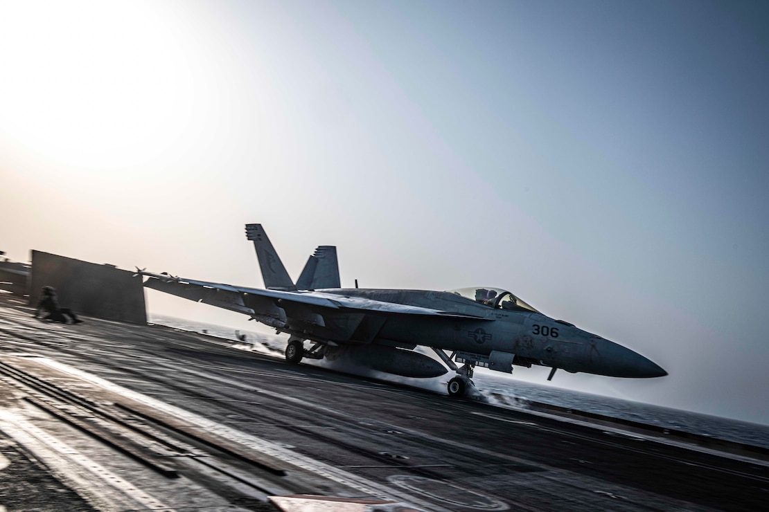 250625-N-XK462-2199 U.S. CENTRAL COMMAND AREA OF RESPONSIBILITY (June 25, 2025) An F/A-18E Super Hornet, attached to Strike Fighter Squadron (VFA) 137, launches from the flight deck of the Nimitz-class aircraft carrier USS Nimitz (CVN 68) during flight operations in the U.S. Central Command area of responsibility. (Official U.S. Navy photo)