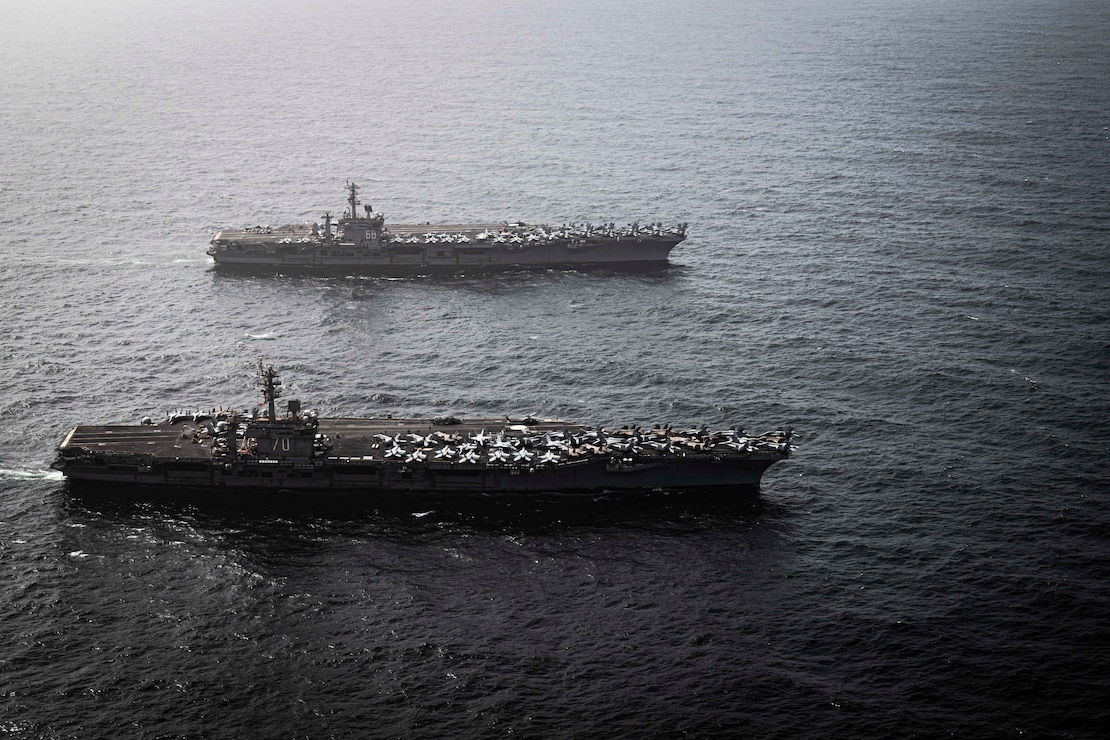 250705-N-XK462-1668 U.S. CENTRAL COMMAND AREA OF RESPONSIBILITY (July 5, 2025) The Nimitz-class aircraft carriers USS Nimitz (CVN 68) and USS Carl Vinson (CVN 70) operate in the U.S. Central Command area of responsibility. (Official U.S. Navy photo)