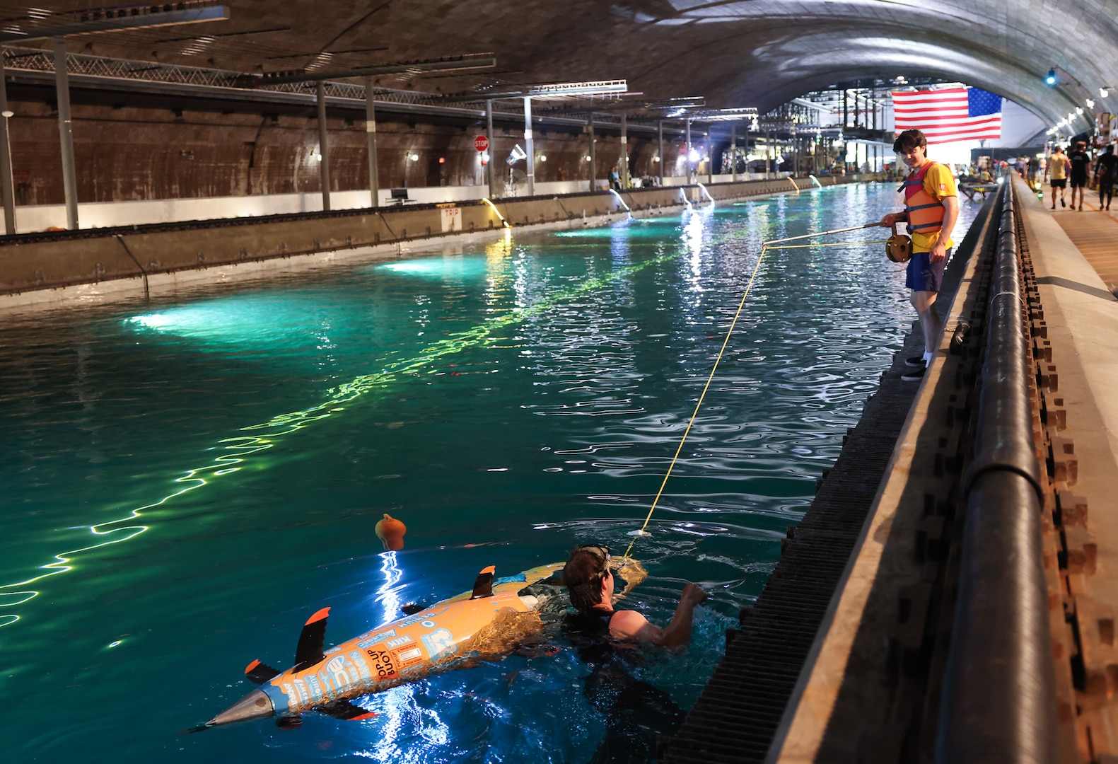 Team OMER get their sub towed back during ISR18 inside the David Taylor Model Basin at NSWC Carderock in Bethesda, Md.
