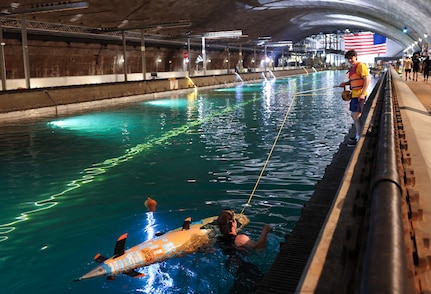 Team OMER get their sub towed back during ISR18 inside the David Taylor Model Basin at NSWC Carderock in Bethesda, Md.