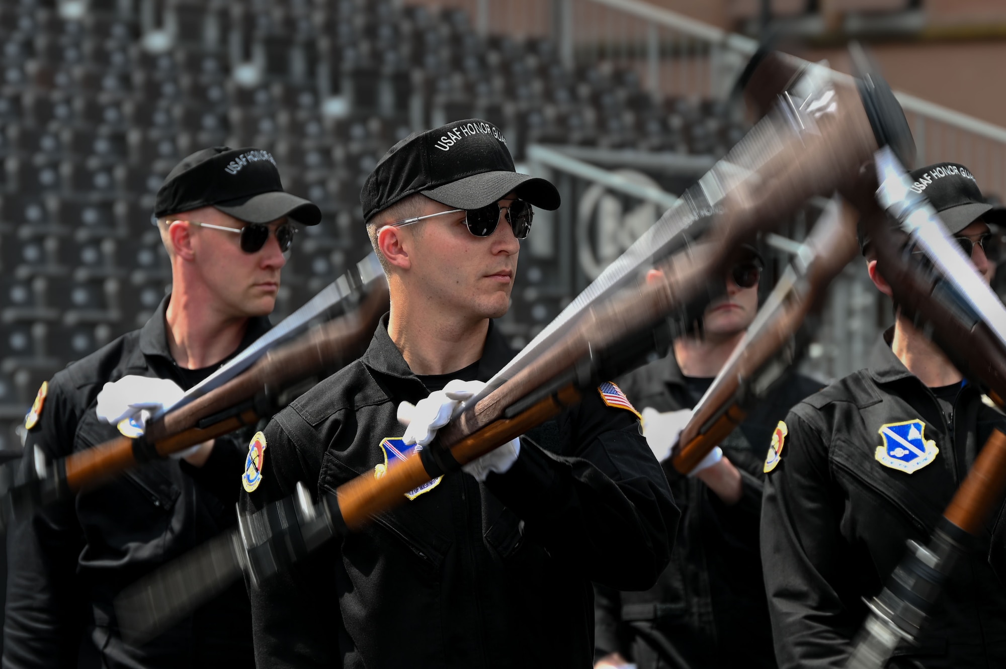 photo of U.S. Air Force Honor Guard Drill Team members rehearsing a routine
