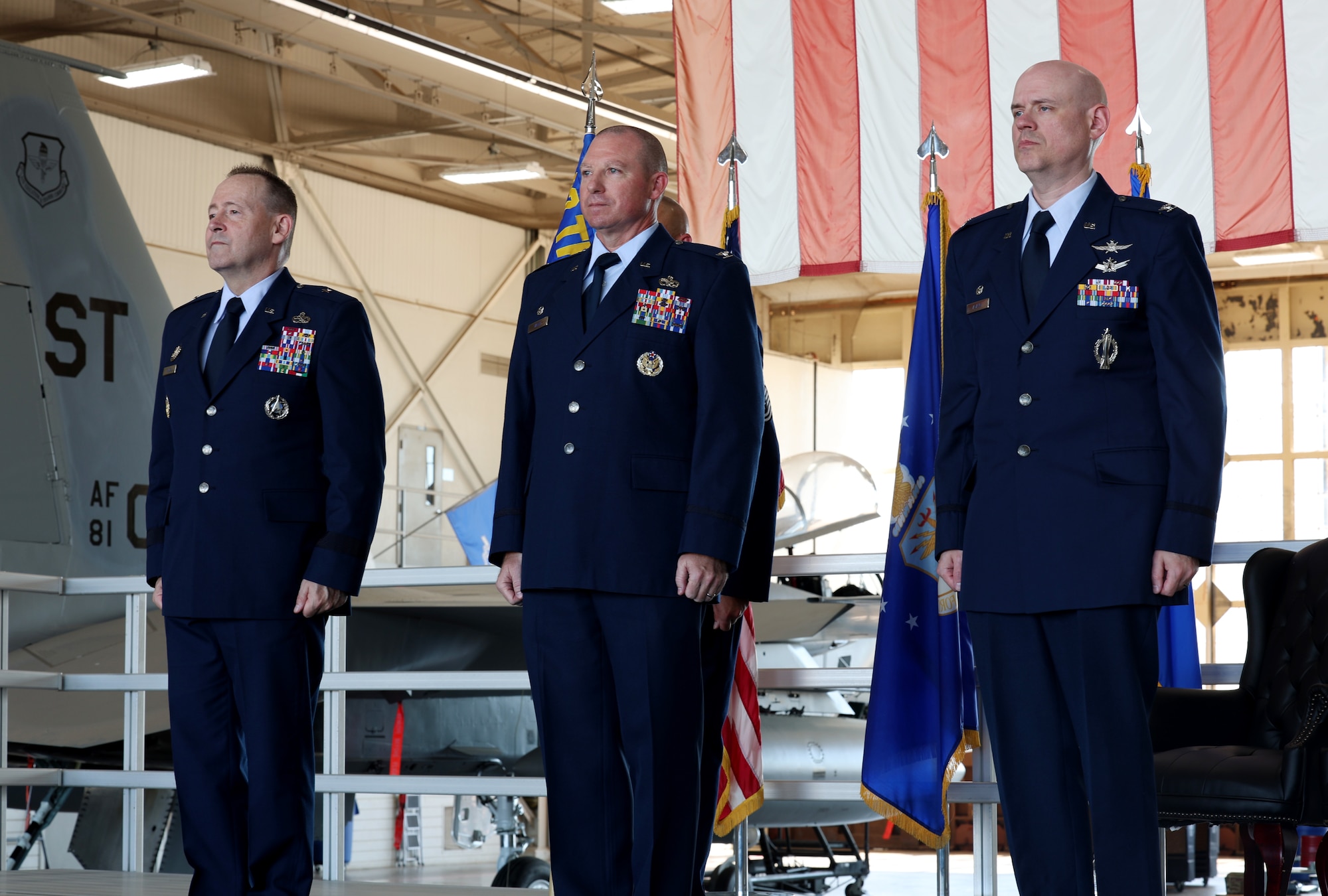 Col. Eric Haler (middle) receives a final salute as he is honored by members of the 782nd Training Group during a change of command ceremony