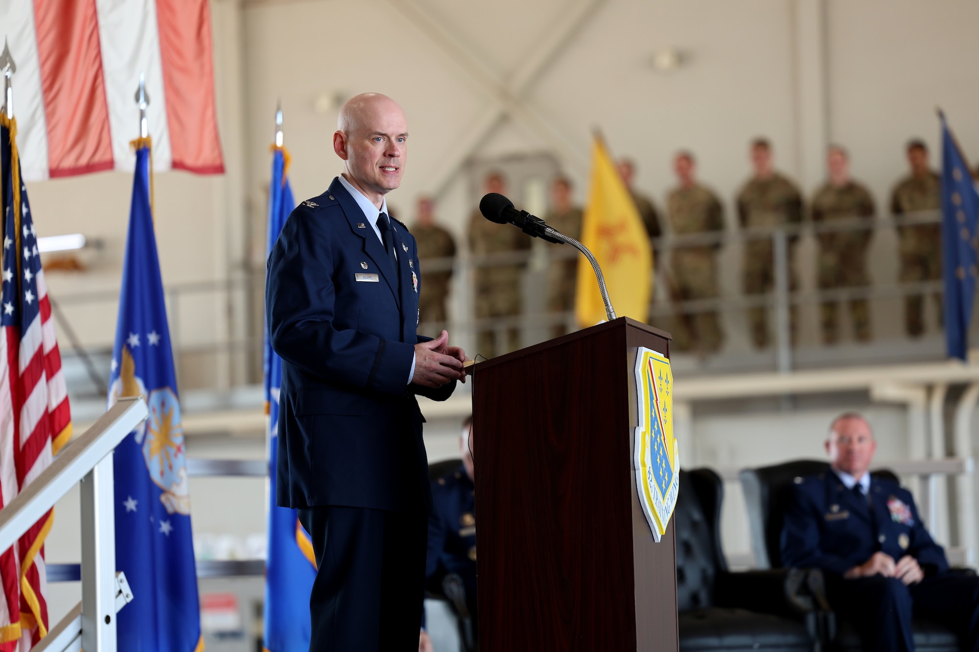 Col. Andrew Adams delivers his first remarks as commander of the 782nd Training Group