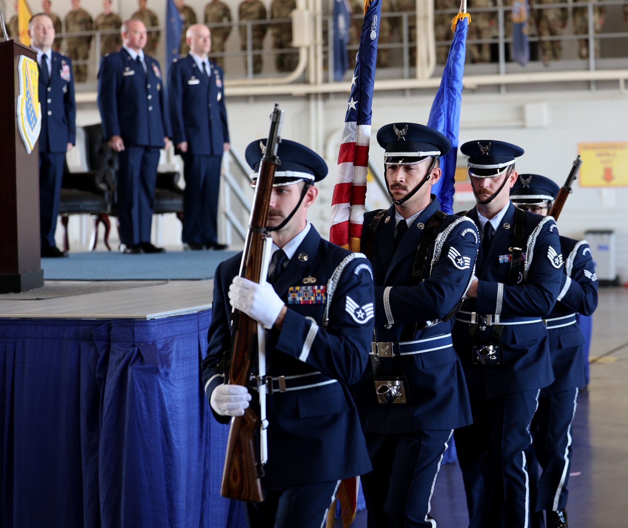 Members of the Sheppard Air Force Base Honor Guard exit the ceremony after presenting the colors for the national anthem during the 782nd Training Group change of command