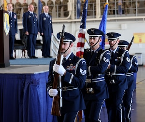 Members of the Sheppard Air Force Base Honor Guard exit the ceremony after presenting the colors for the national anthem during the 782nd Training Group change of command