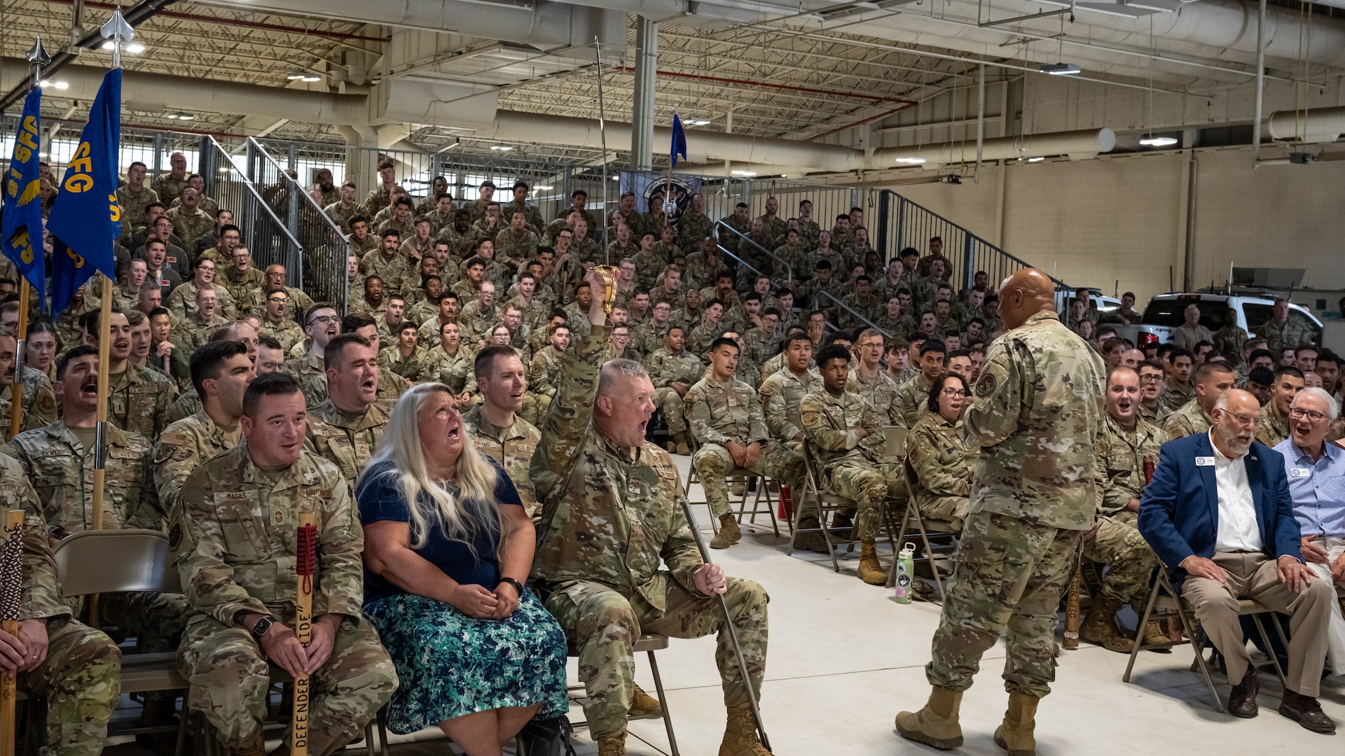 Gen. Anthony Cotton, U.S. Strategic Command commander (USSTRATCOM), Chants the 91st Missile Wing slogan “Bully” with the crowd during the Omaha Trophy ceremony at Minot Air Force Base, North Dakota, July 9, 2025. The Omaha Trophy represents the highest civilian honor awarded to top-performing military units supporting USSTRATCOM’s strategic deterrence efforts.