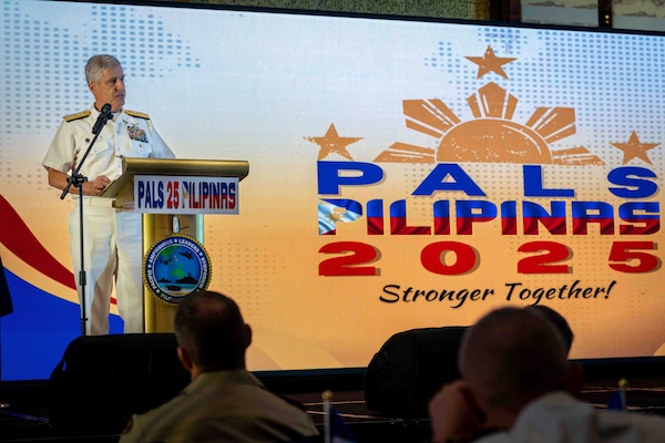 Adm. Steve Koehler, commander, U.S. Pacific Fleet, delivers remarks as the keynote speaker during the Pacific Amphibious Leadership Symposium (PALS) closing ceremony in Manila, Philippines, July 10, 2025. PALS brings together senior military leaders from allied and partner nations across the Indo-Pacific to share best practices and strengthen partnerships, which are the cornerstone of regional security, stability and prosperity.  (U.S. Navy photo by Chief Mass Communication Specialist Jonathan B. Trejo)