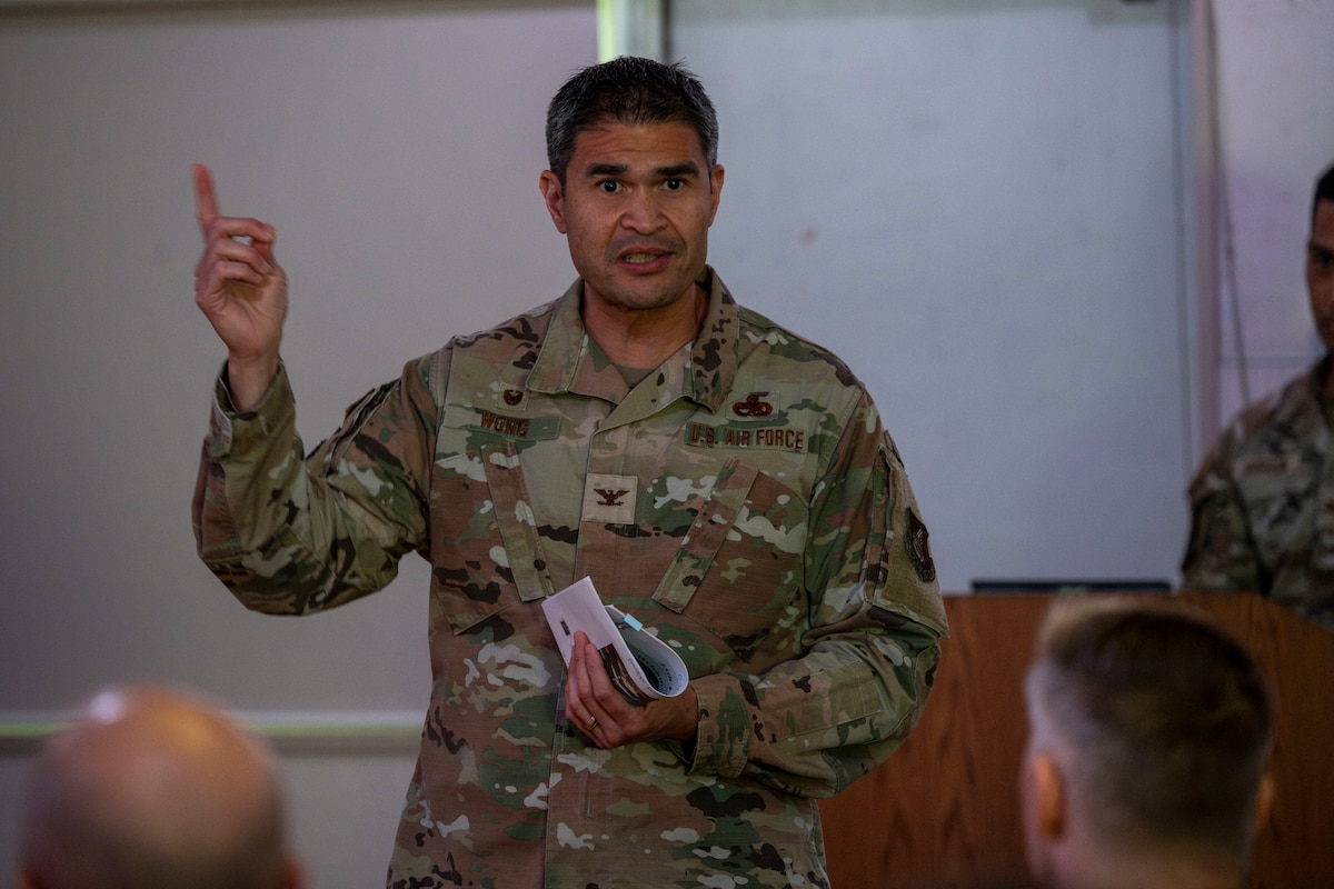 U.S. Air Force Col. Bryan Wong, 35th Maintenance Group commander, discusses mission objectives and base resources during an arrival briefing for exercise Resolute Force Pacific (REFORPAC) 2025 at Misawa Air Base, Japan, July 10, 2025.