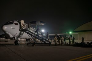 U.S. Air Force Airmen disembark and unload from an E-3 Sentry ahead of their support to exercise Resolute Force Pacific (REFORPAC) 2025 at Misawa Air Base, Japan, July 9th, 2025.