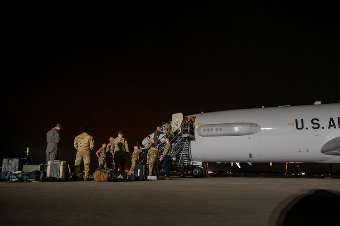U.S. Air Force Airmen disembark and unload from an E-3 Sentry ahead of their support to exercise Resolute Force Pacific (REFORPAC) 2025 at Misawa Air Base, Japan, July 9th, 2025.