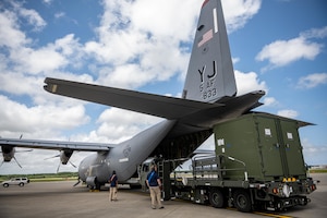 A U.S. Air Force C-130J Super Hercules offloads cargo in support of exercise Resolute Force Pacific 2025 at Misawa Air Base, Japan, July 10, 2025.