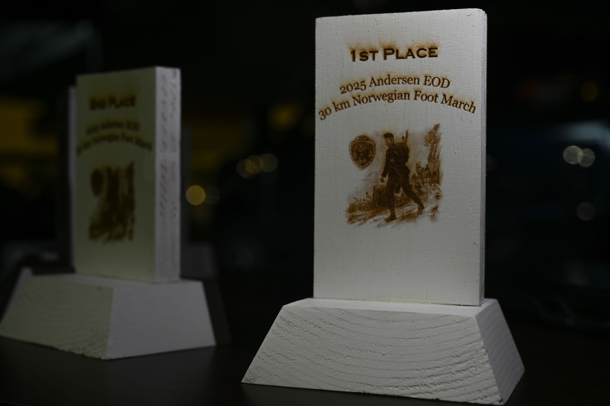 Photo of first and second place trophies for the Andersen EOD 2025 Norwegian Foot March