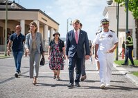 From left, Ms. Tracy Roberts-Pounds, U.S. Consul General in Naples, Ambassador Tilman J. Fertitta, U.S. Ambassador to Italy and San Marino, Capt. John Randazzo, commanding officer of Naval Support Activity Naples, depart the U.S. Naval Forces Europe-Africa and U.S. 6th Fleet Headquarters, July 9, 2025.