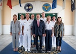 Ms. Tracy Roberts-Pounds,  U.S. Consul General in Naples, left, Vice Adm. J.T. Anderson, center left, commander of U.S. 6th Fleet (C6F), Ambassador Tilman J. Fertitta, center, U.S. Ambassador to Italy and San Marino, Mrs. Lauren Fertitta, center right, spouse of U.S. Ambassador to Italy Tilman Fertitta, and Ms. Juliet Beyler, executive director of U.S. Naval Forces Europe-Africa