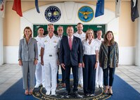 Ms. Tracy Roberts-Pounds,  U.S. Consul General in Naples, left, Vice Adm. J.T. Anderson, center left, commander of U.S. 6th Fleet (C6F), Ambassador Tilman J. Fertitta, center, U.S. Ambassador to Italy and San Marino, Mrs. Lauren Fertitta, center right, spouse of U.S. Ambassador to Italy Tilman Fertitta, and Ms. Juliet Beyler, executive director of U.S. Naval Forces Europe-Africa